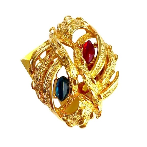 Vintage 1950s ART Fur Clip Brooch Gold Tone Marquis Cabochon Rhinestones - Picture 1 of 10